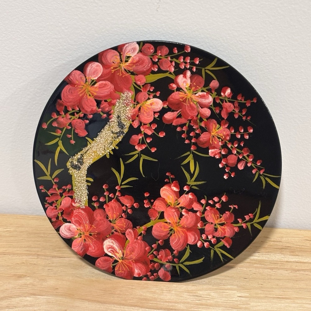 Minh Phuong Handmade in Vietnam Lacquerware Trinket Dish Red Cherry Blossoms 5"